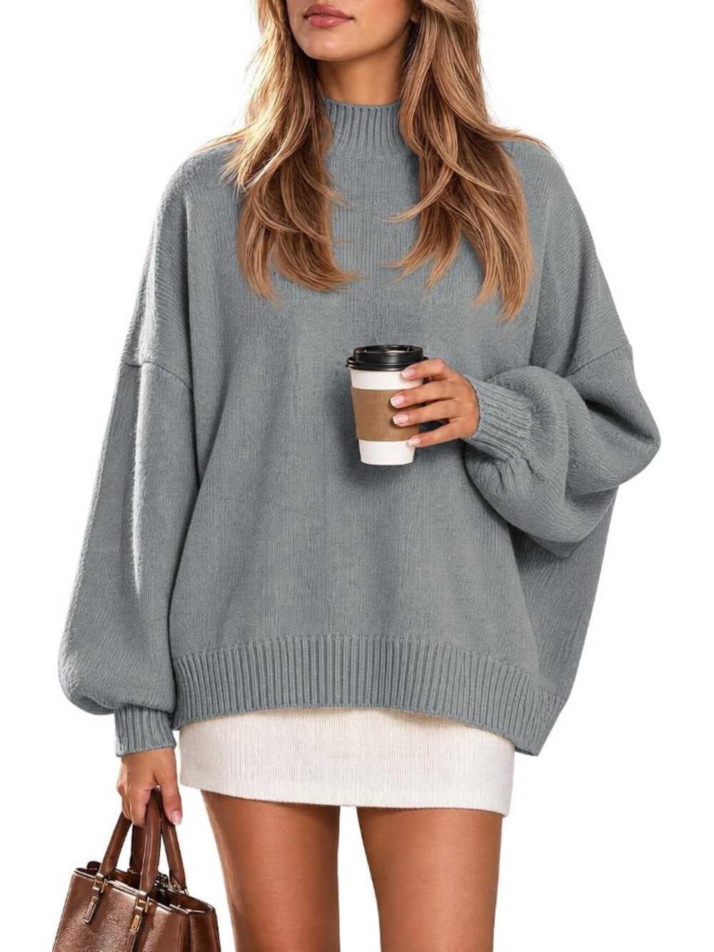 Women's Grey Mock Neck Pullover Fall Tunic Oversized Chunky Knit Tops Sweater